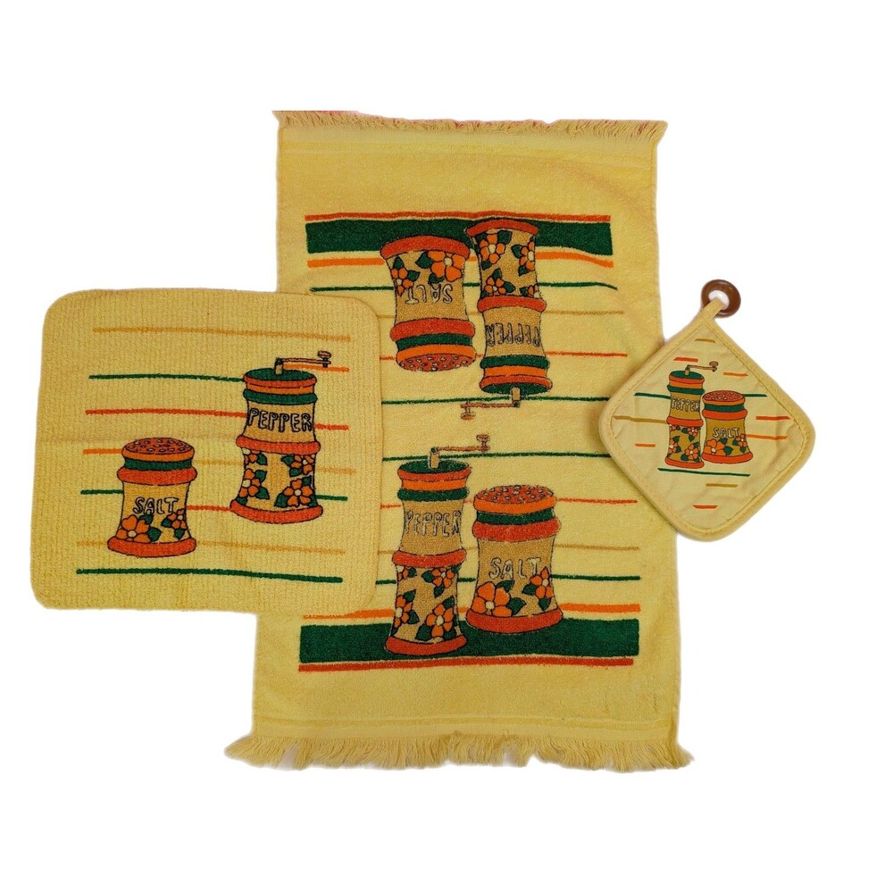 Vintage Cannon 3 Piece Set Kitchen Towels and Pot Holder 1970s Graphic Yellow